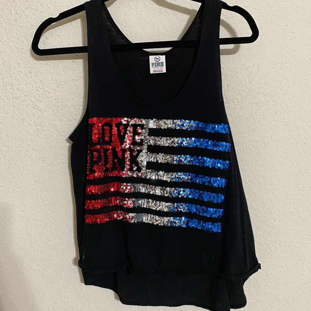 Small Love Pink American Flag Sequin Tank Top